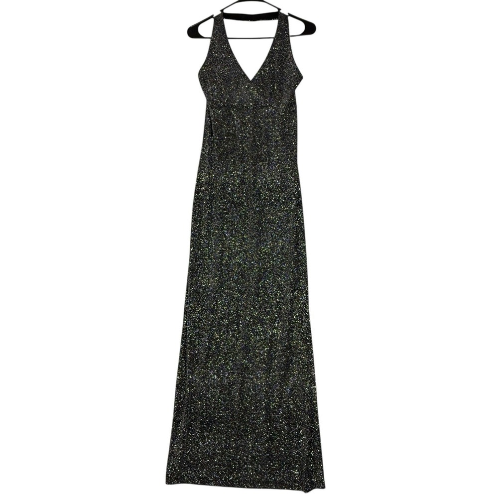 Vtg Y2K City Triangles‎ Black Sparkle Halter Maxi Dress Prom Gown Sz L Slit USA